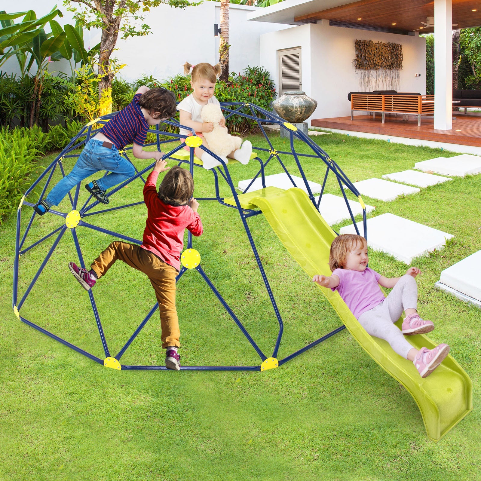 13.3 FT Climbing Dome Geometric Dome Climber with Extended Wavy Slide and 2 Rest Platforms-Multicolor
