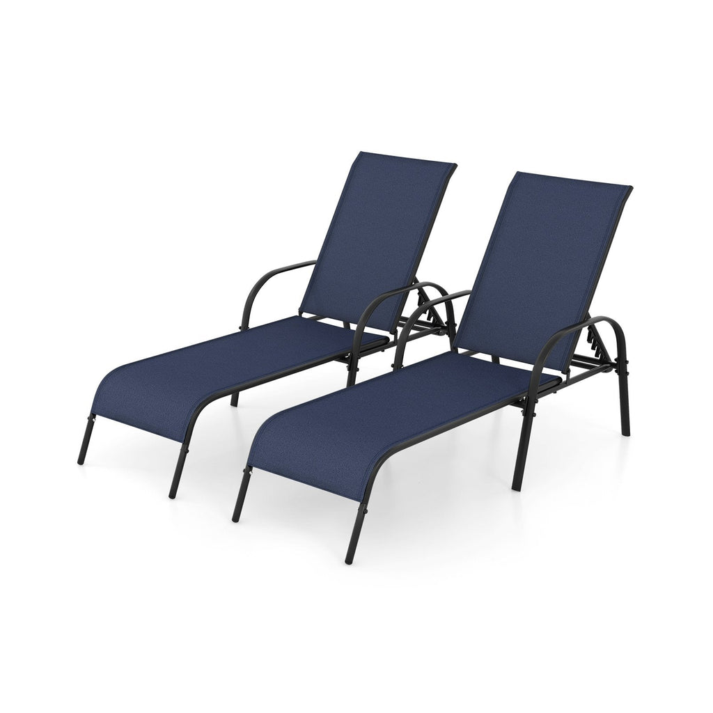2 Pieces Outdoor Patio Lounge Chair Chaise Fabric with Adjustable Reclining Armrest-Black