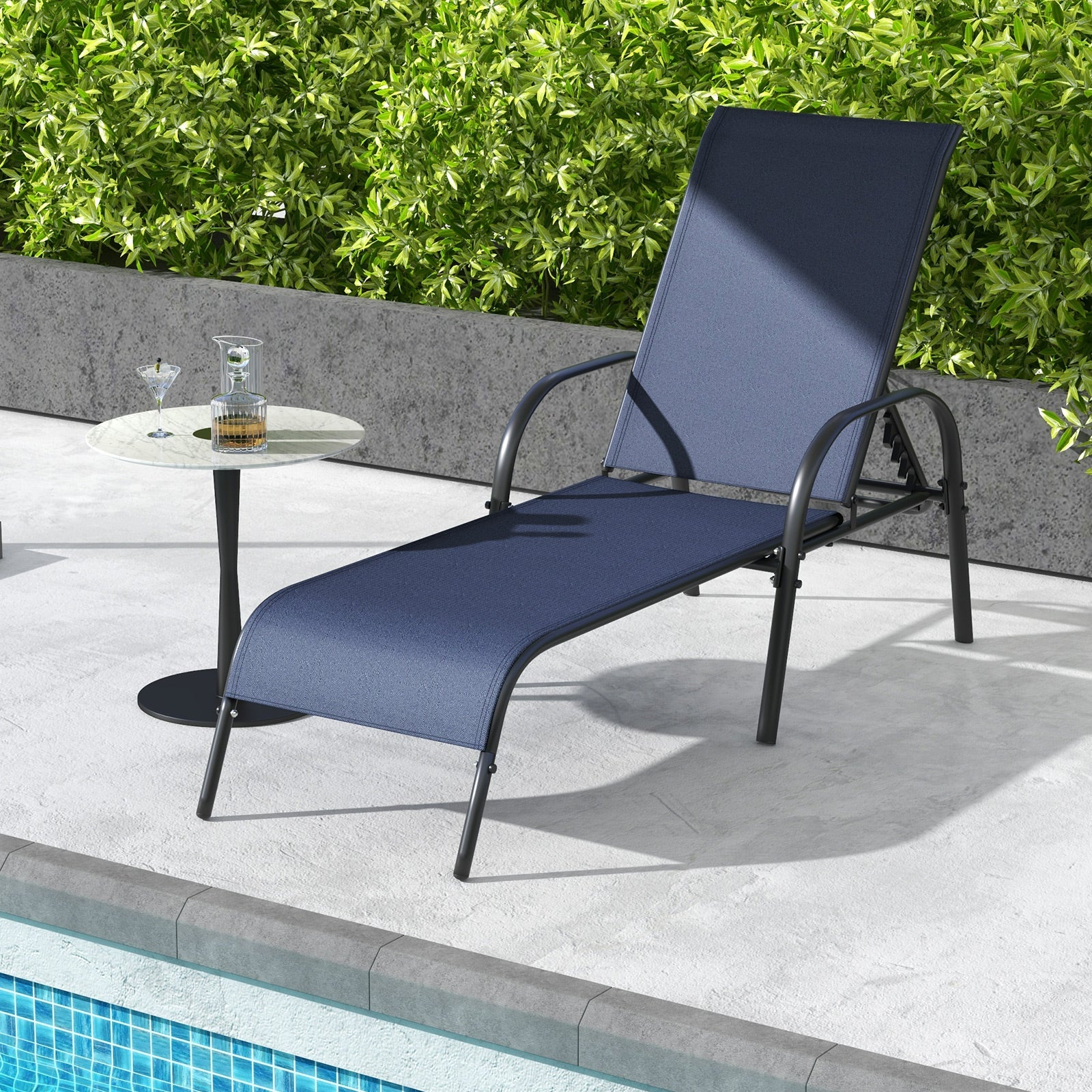 2 Pieces Outdoor Patio Lounge Chair Chaise Fabric with Adjustable Reclining Armrest-Black