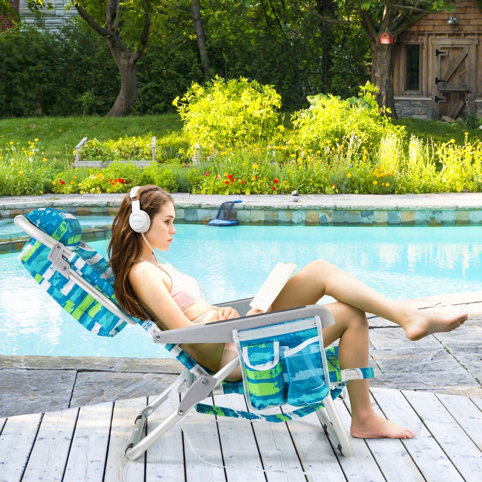 1 Piece Foldable Backpack Beach Chair with Cup Holder and Storage Pockets for Outdoor-Blue