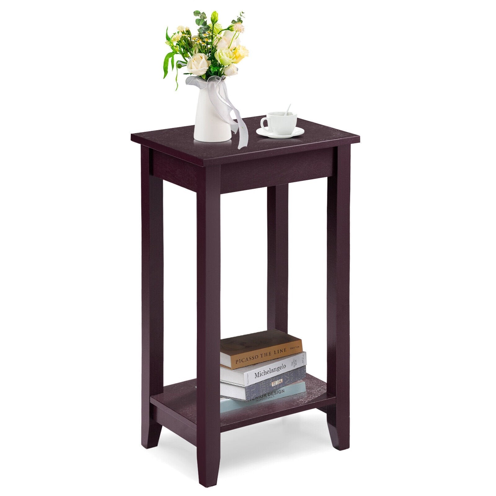 2-Tier Nightstand End Side Wooden Legs Table for Bedroom-Black