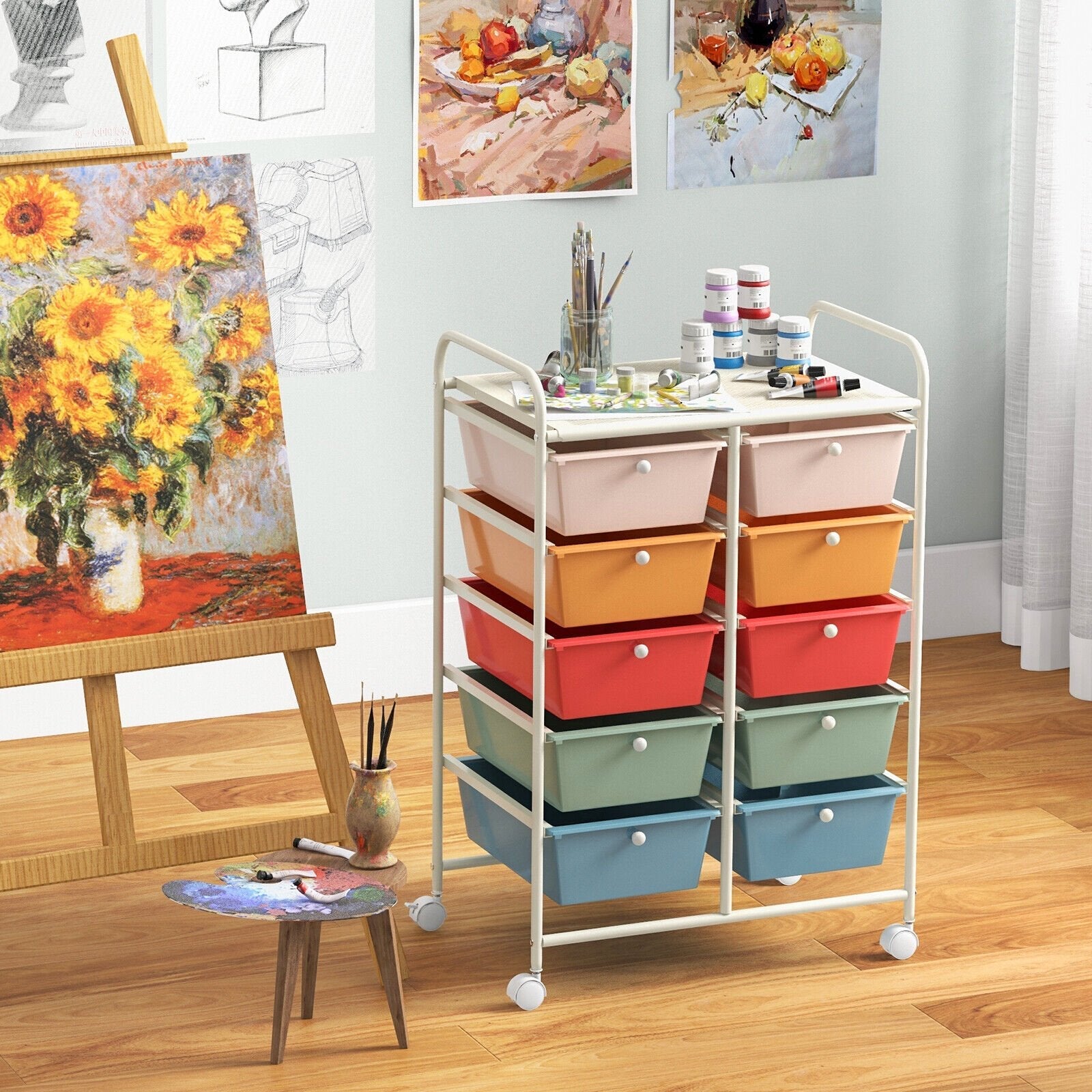 10-Drawer Rolling Storage Cart-Beige & Gray
