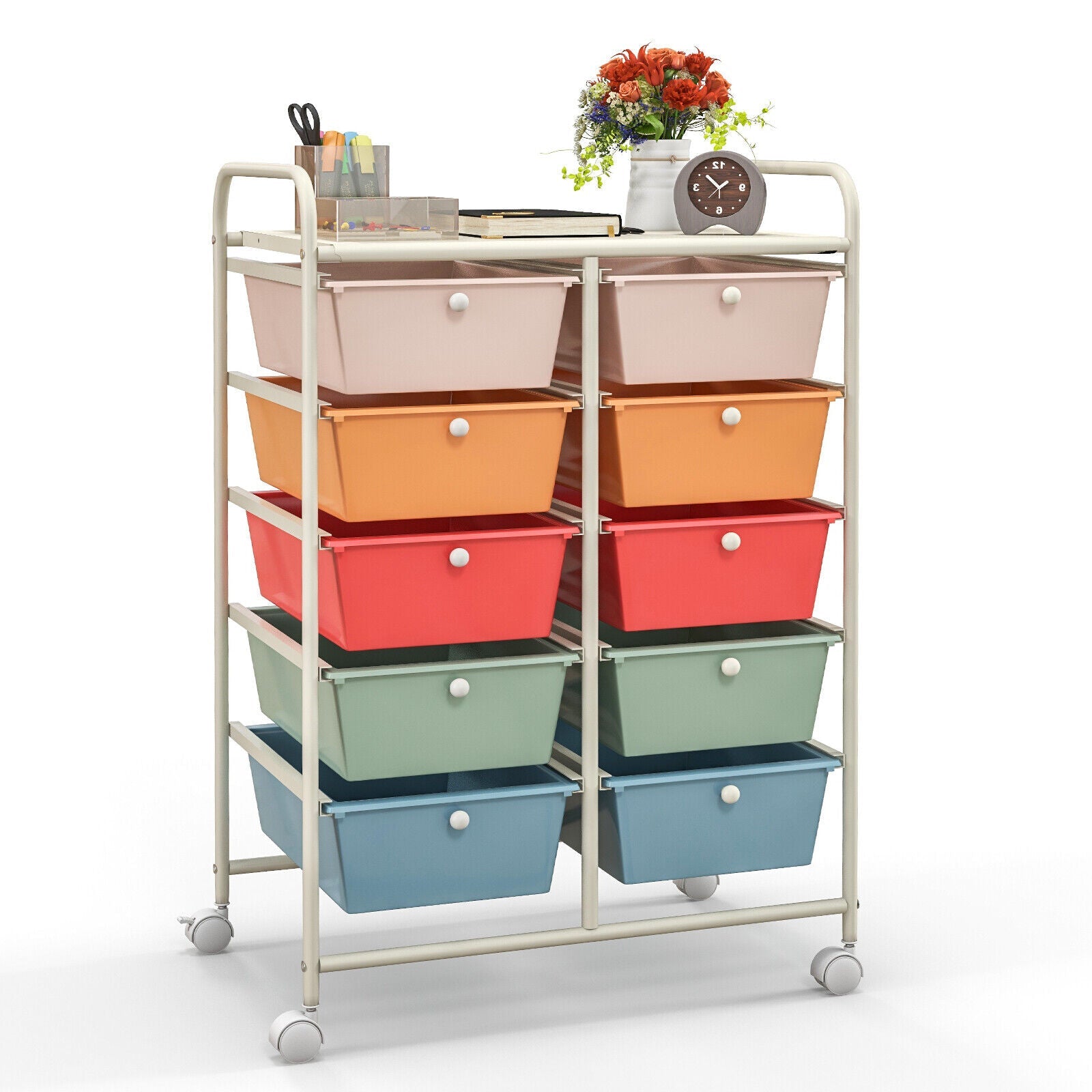 10-Drawer Rolling Storage Cart-Beige & Gray