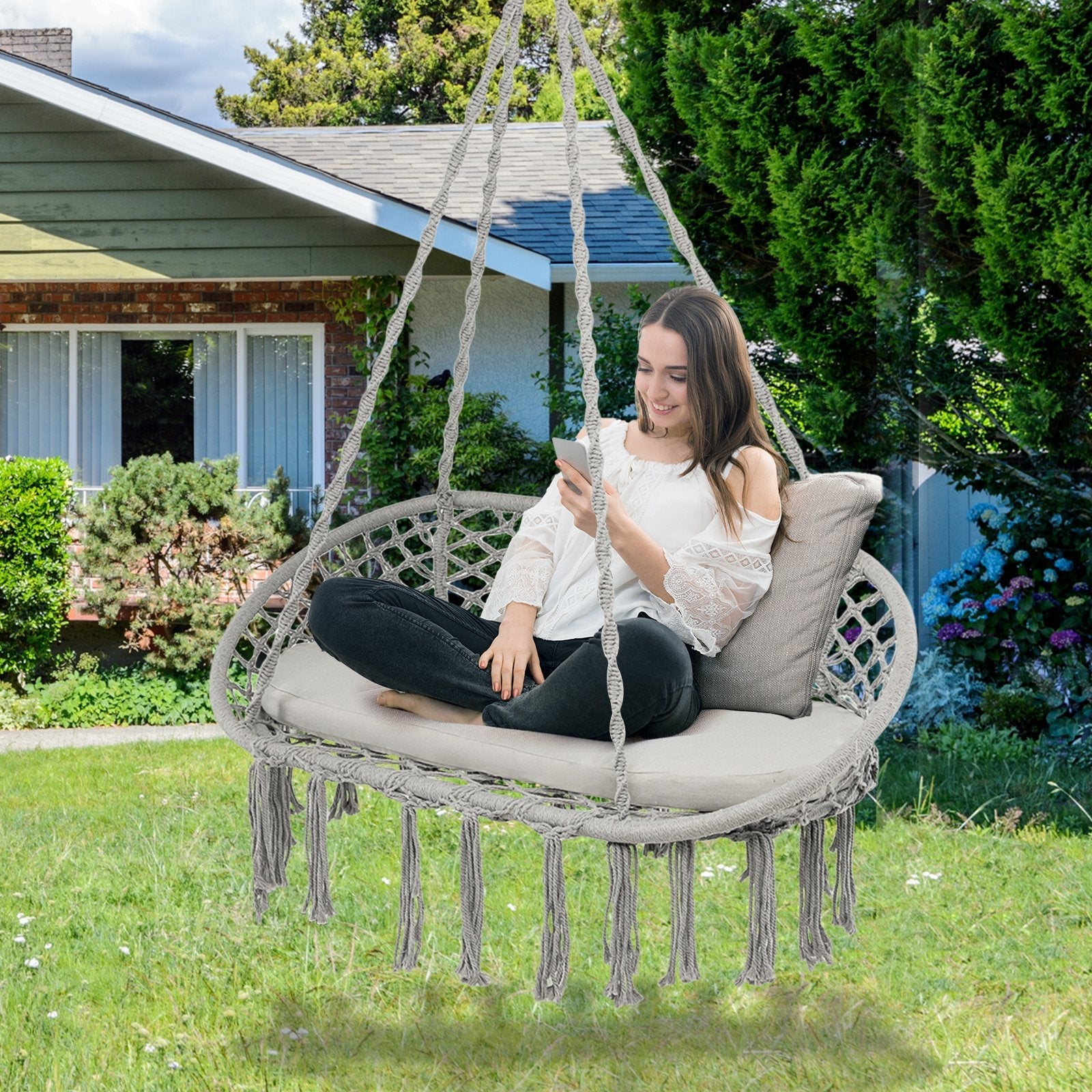 2 Person Hanging Hammock Chair with Cushion Macrame Swing-Beige