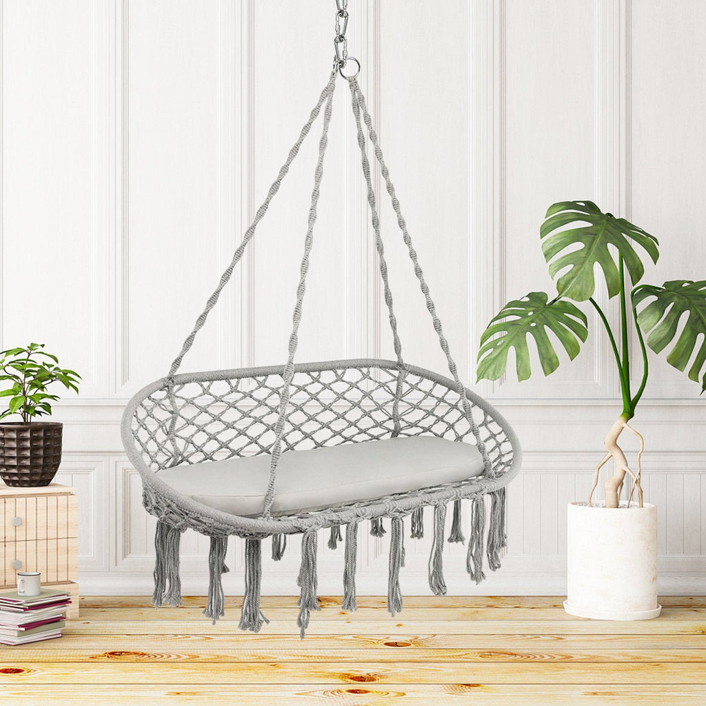 2 Person Hanging Hammock Chair with Cushion Macrame Swing-Beige