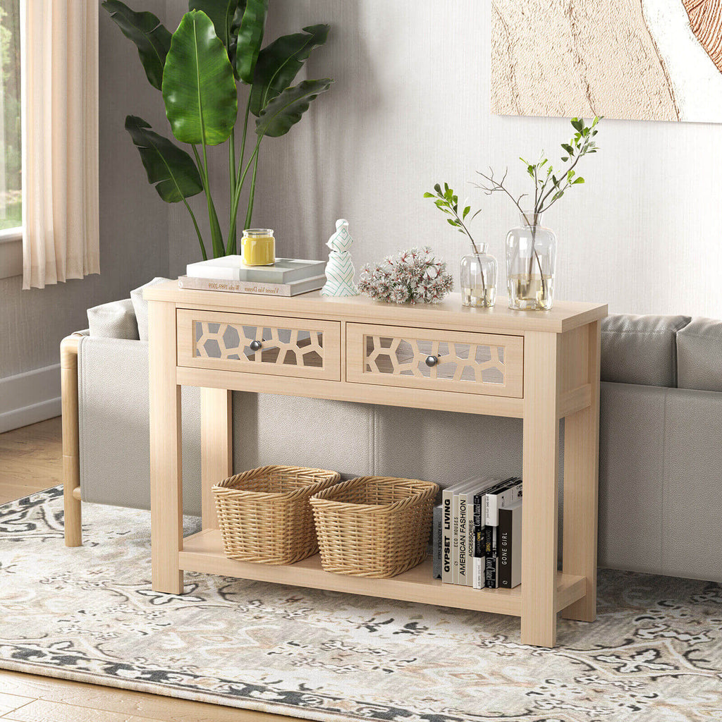 2-Tier Console Table with Drawers and Open Storage Shelf-Brown