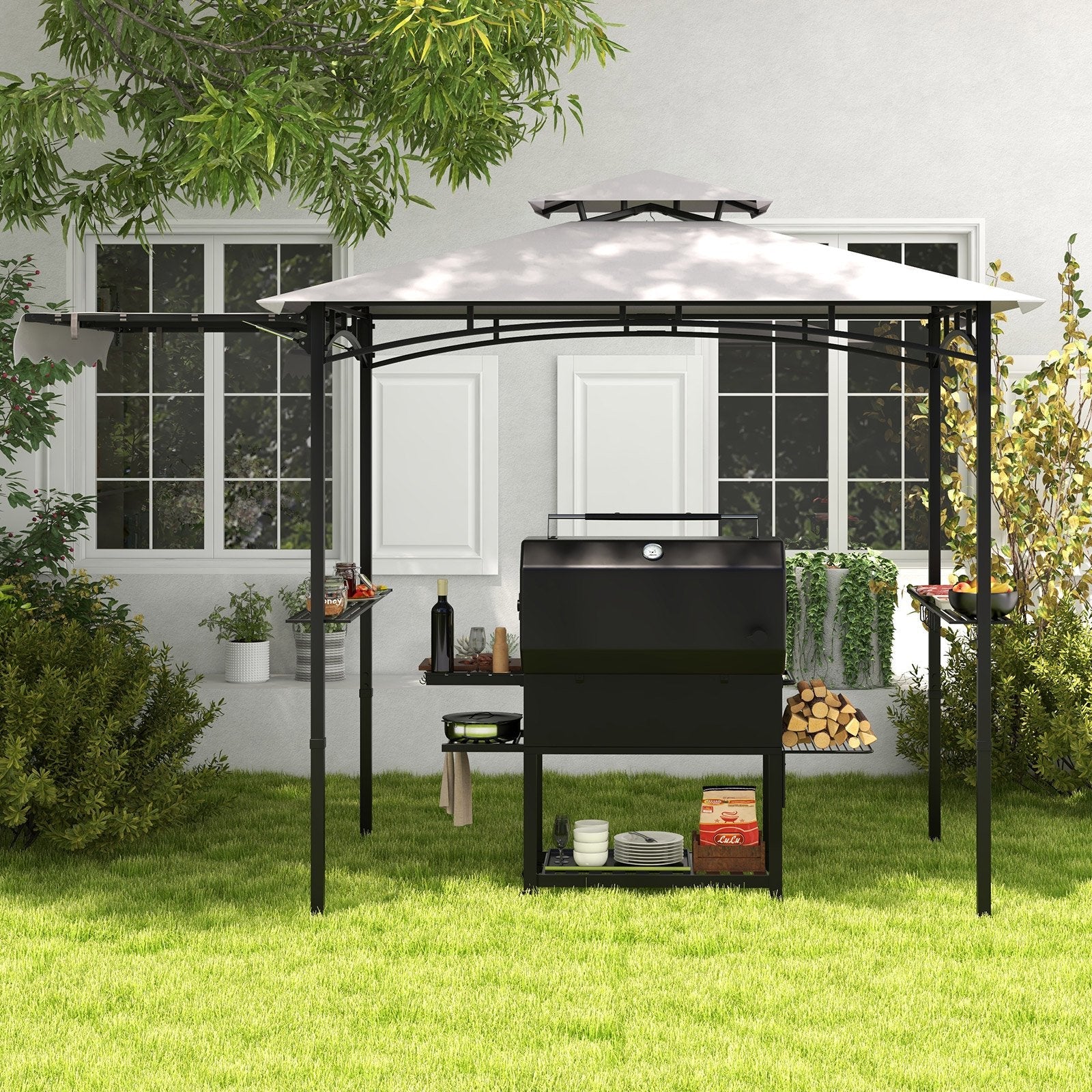11 x 5 FT Grill Gazebo with Side Awning and Double-Tiered Top-Beige