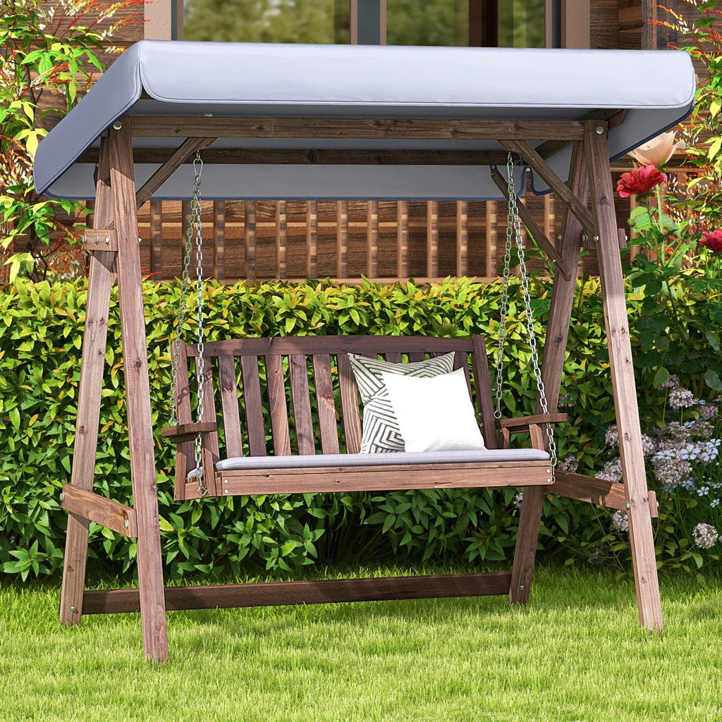 2-Person Porch Swing with Fir Wood Stand and Tilt Canopy-Brown