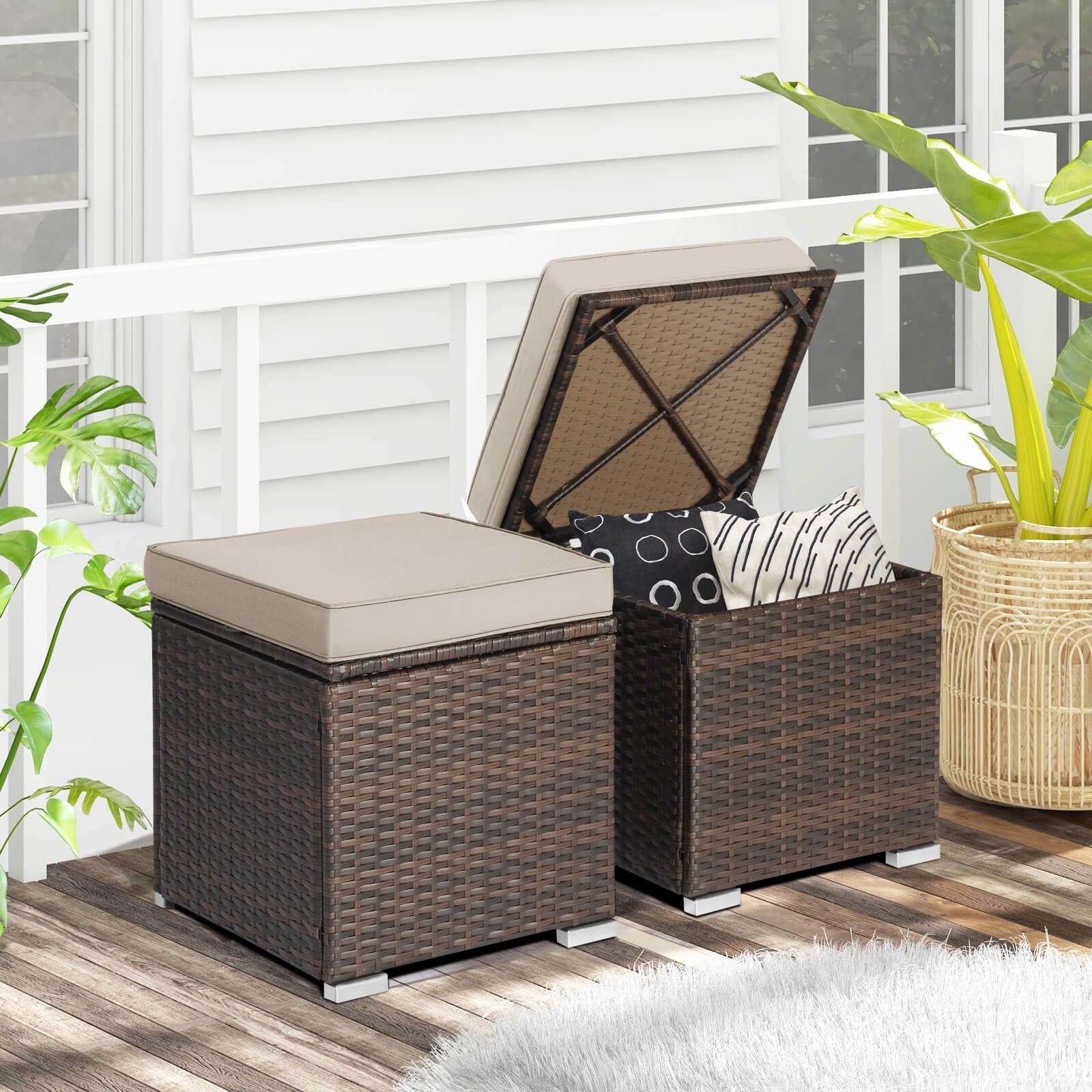 2 Pieces Patio Ottoman with Hidden Storage Space-Black