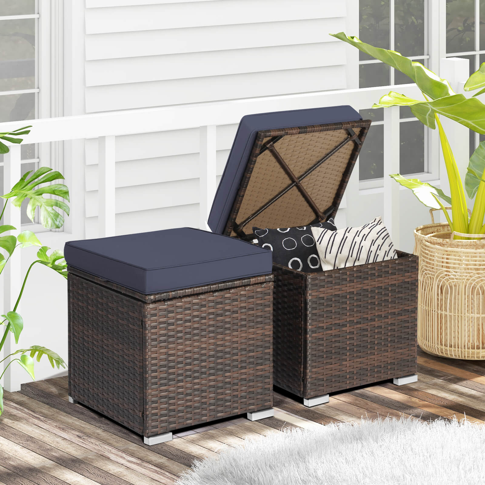 2 Pieces Patio Ottoman with Hidden Storage Space-Black