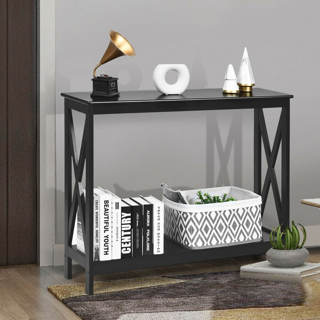 2-Tier Console X-Design Sofa Side Accent Table-Black