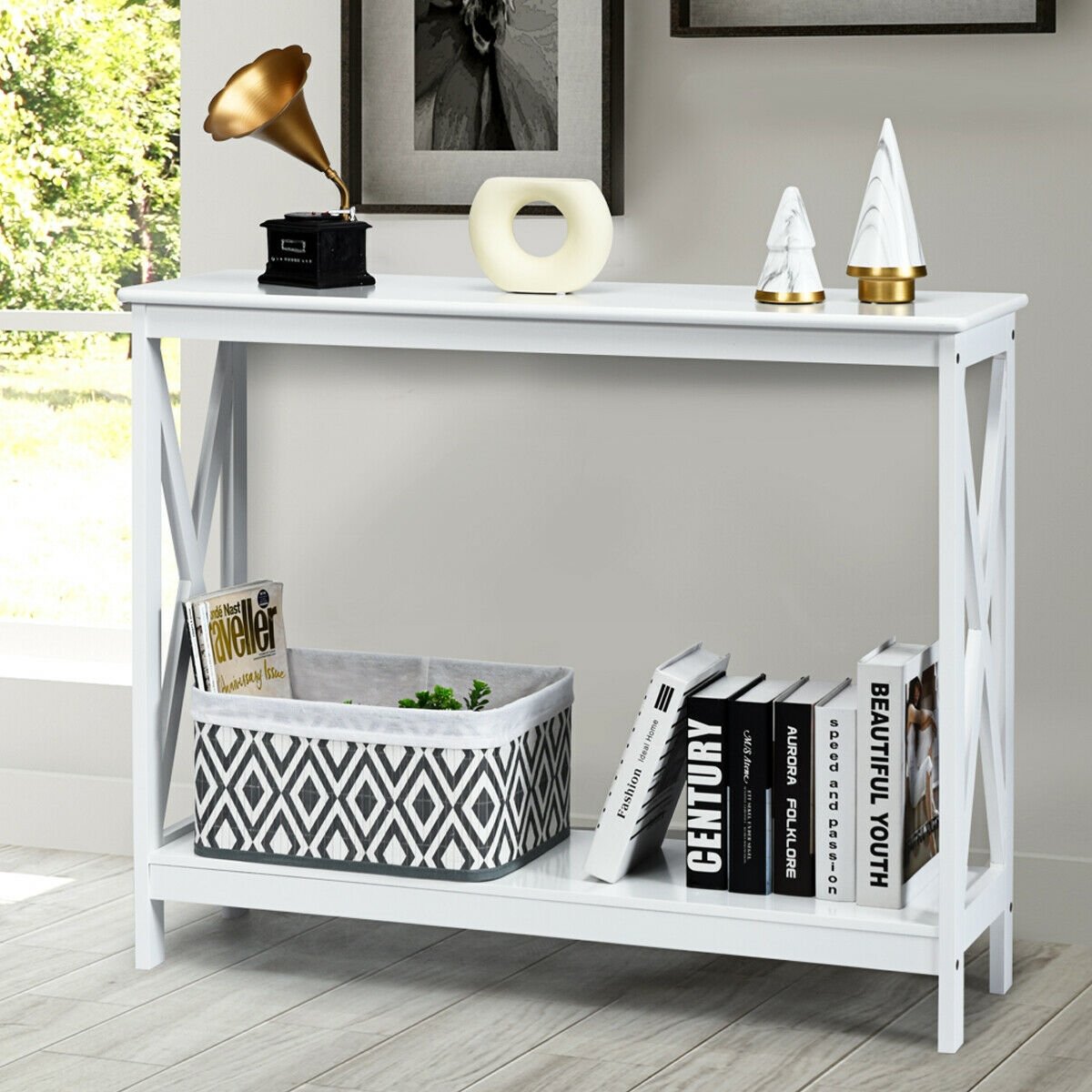 2-Tier Console X-Design Sofa Side Accent Table-Black