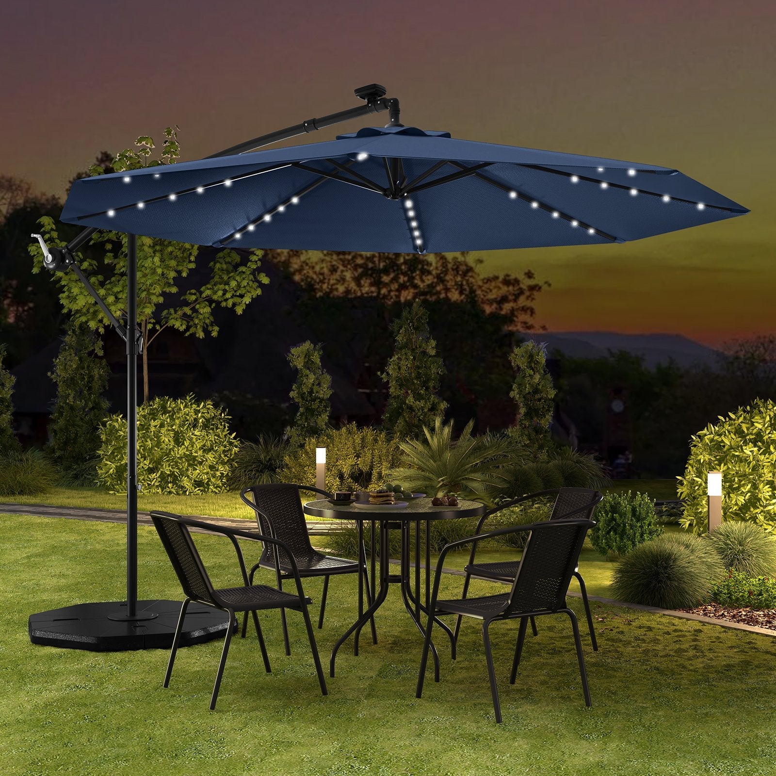 10 Feet Solar Offset Hanging Umbrella with 40 Lamp Beads and Solar Panel-Beige