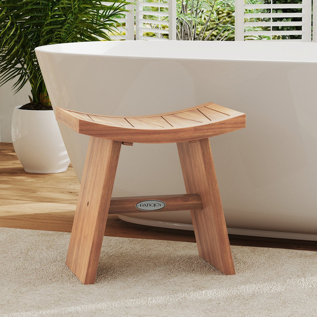 18 Inch Teak Wood Shower Bench with Curved Seat for Bathroom