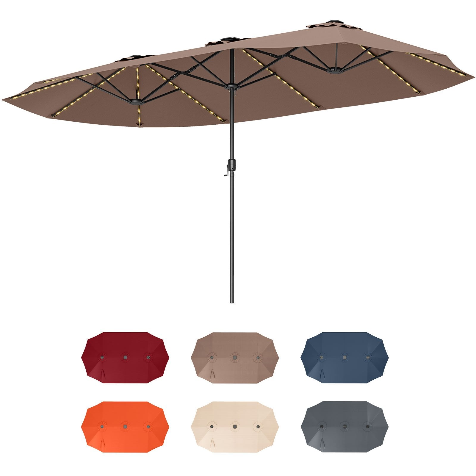 15.5 FT Extra-Large Patio Umbrella with LED Solar Lights and Crank Handle-Beige