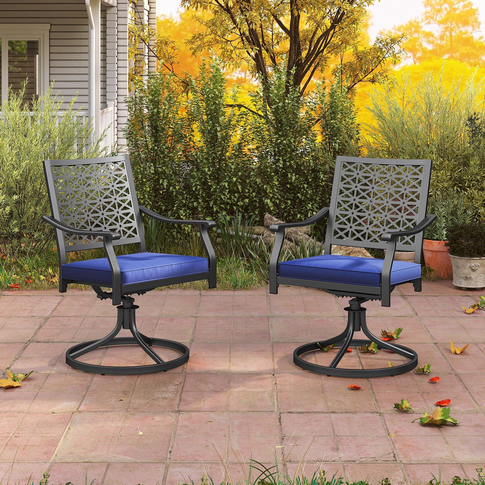 2 Pack Swivel Outdoor Chairs with Soft Cushions and Round Steel Base-Navy