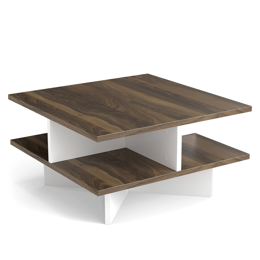 2-Tier Square Coffee Table with 4 Storage Compartments-Walnut