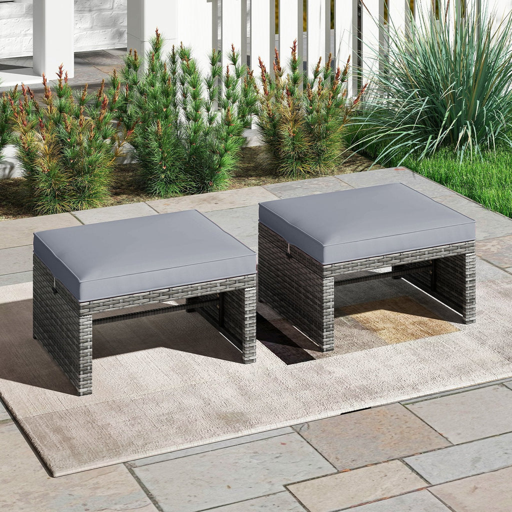 2 Pieces Patio PE Rattan Ottomans with Soft Zippered Cushions for Deck-Black