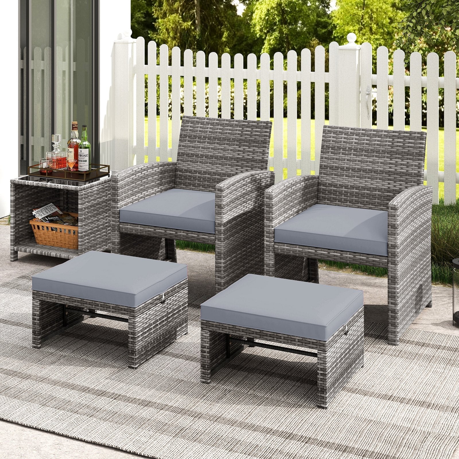 2 Pieces Patio PE Rattan Ottomans with Soft Zippered Cushions for Deck-Black