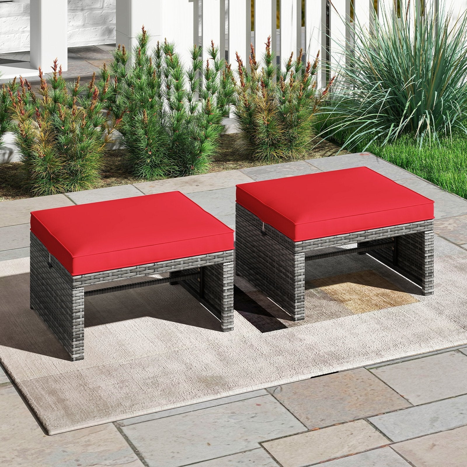2 Pieces Patio PE Rattan Ottomans with Soft Zippered Cushions for Deck-Black