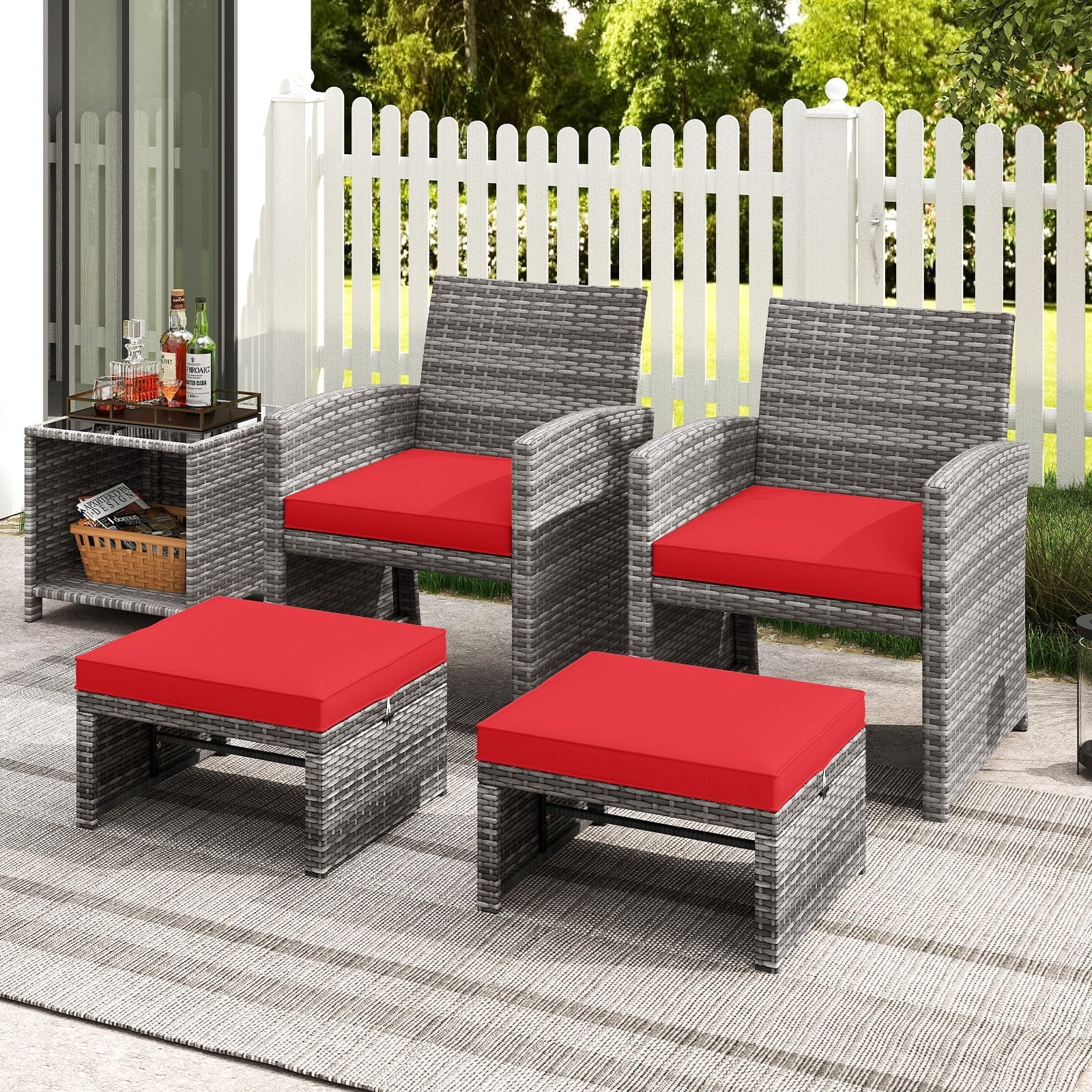 2 Pieces Patio PE Rattan Ottomans with Soft Zippered Cushions for Deck-Black
