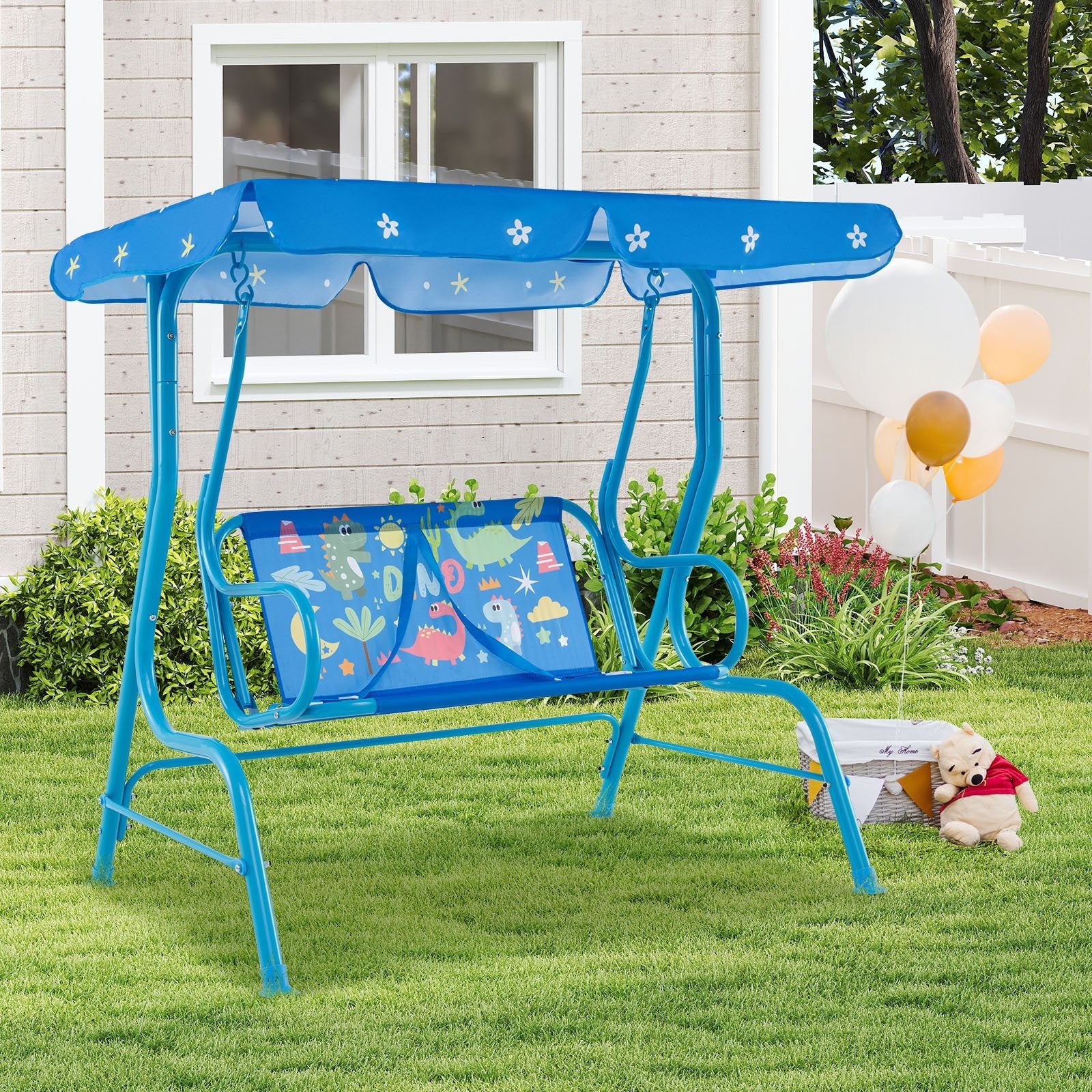 2-Seater Kids Patio Swing with Metal Stand and Adjustable Canopy-Bule