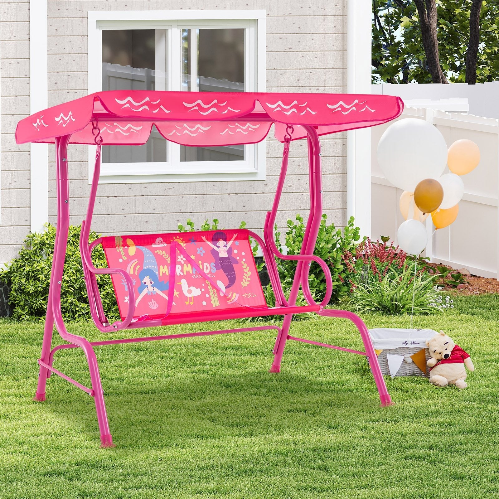 2-Seater Kids Patio Swing with Metal Stand and Adjustable Canopy-Bule