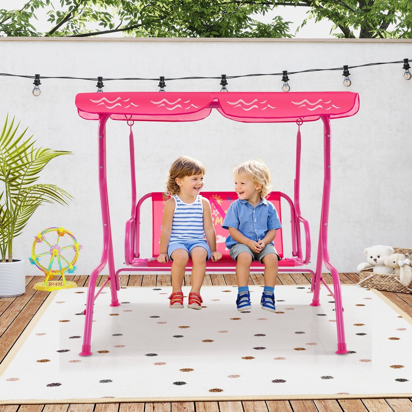 2-Seater Kids Patio Swing with Metal Stand and Adjustable Canopy-Bule