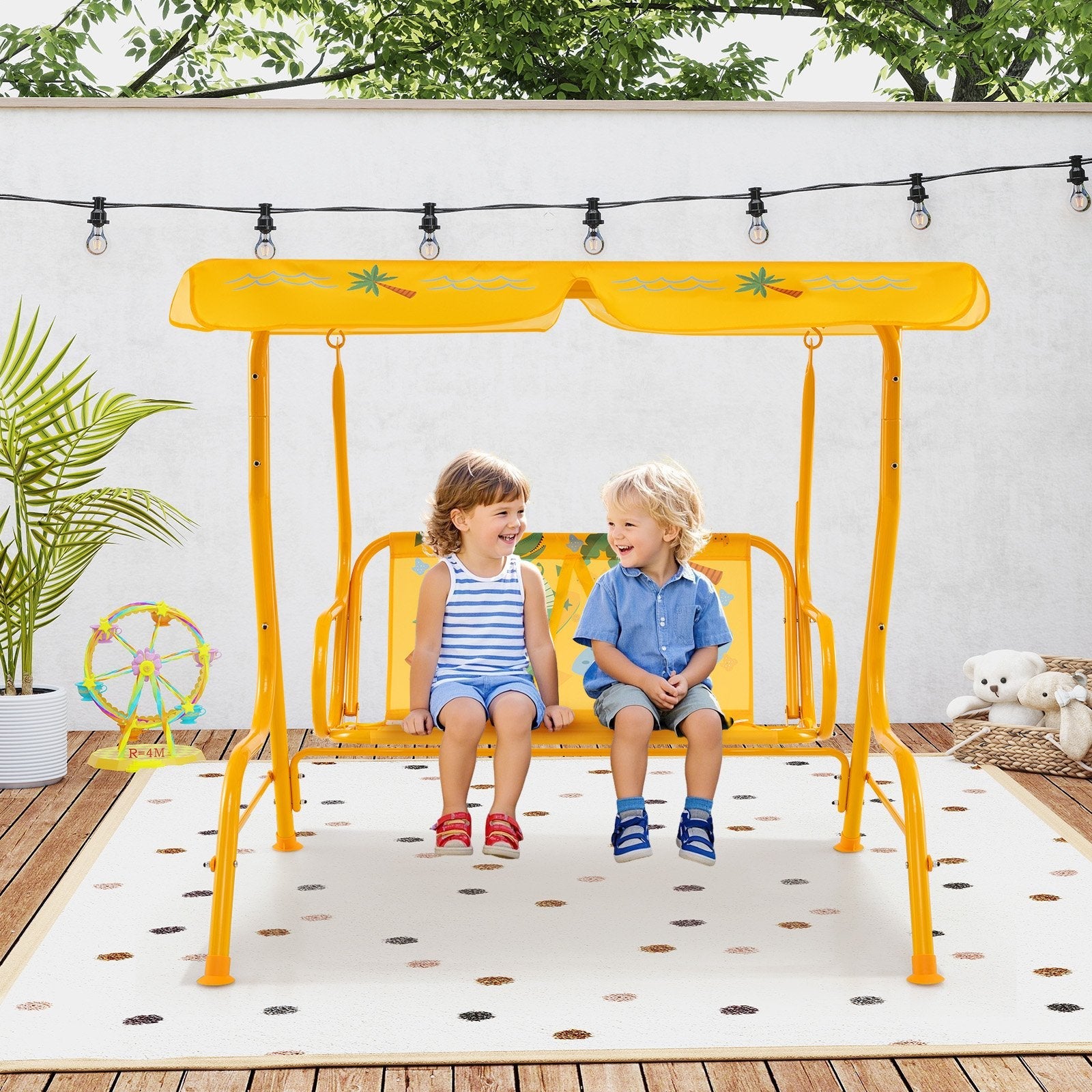 2-Seater Kids Patio Swing with Metal Stand and Adjustable Canopy-Bule