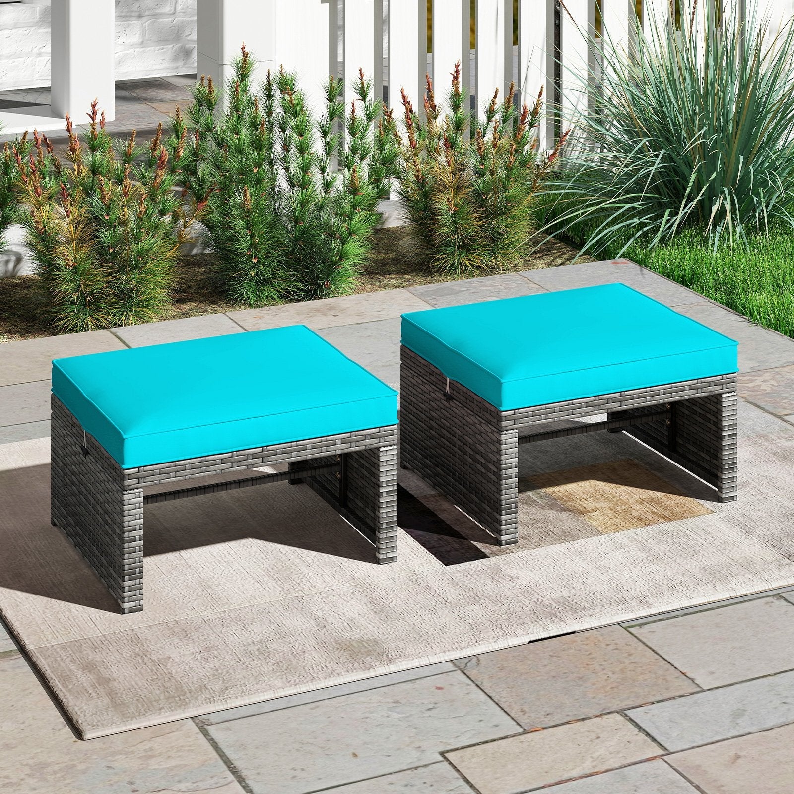 2 Pieces Patio PE Rattan Ottomans with Soft Zippered Cushions for Deck-Black