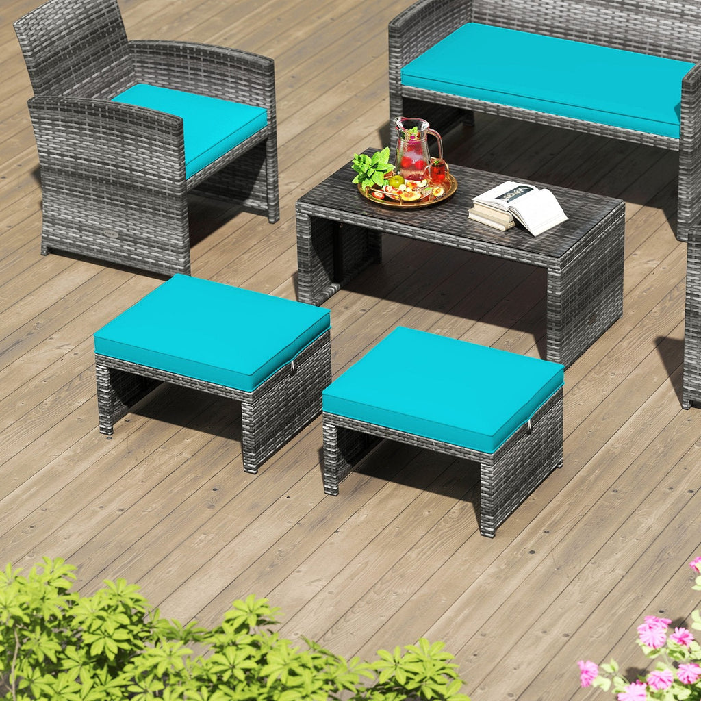 2 Pieces Patio PE Rattan Ottomans with Soft Zippered Cushions for Deck-Black