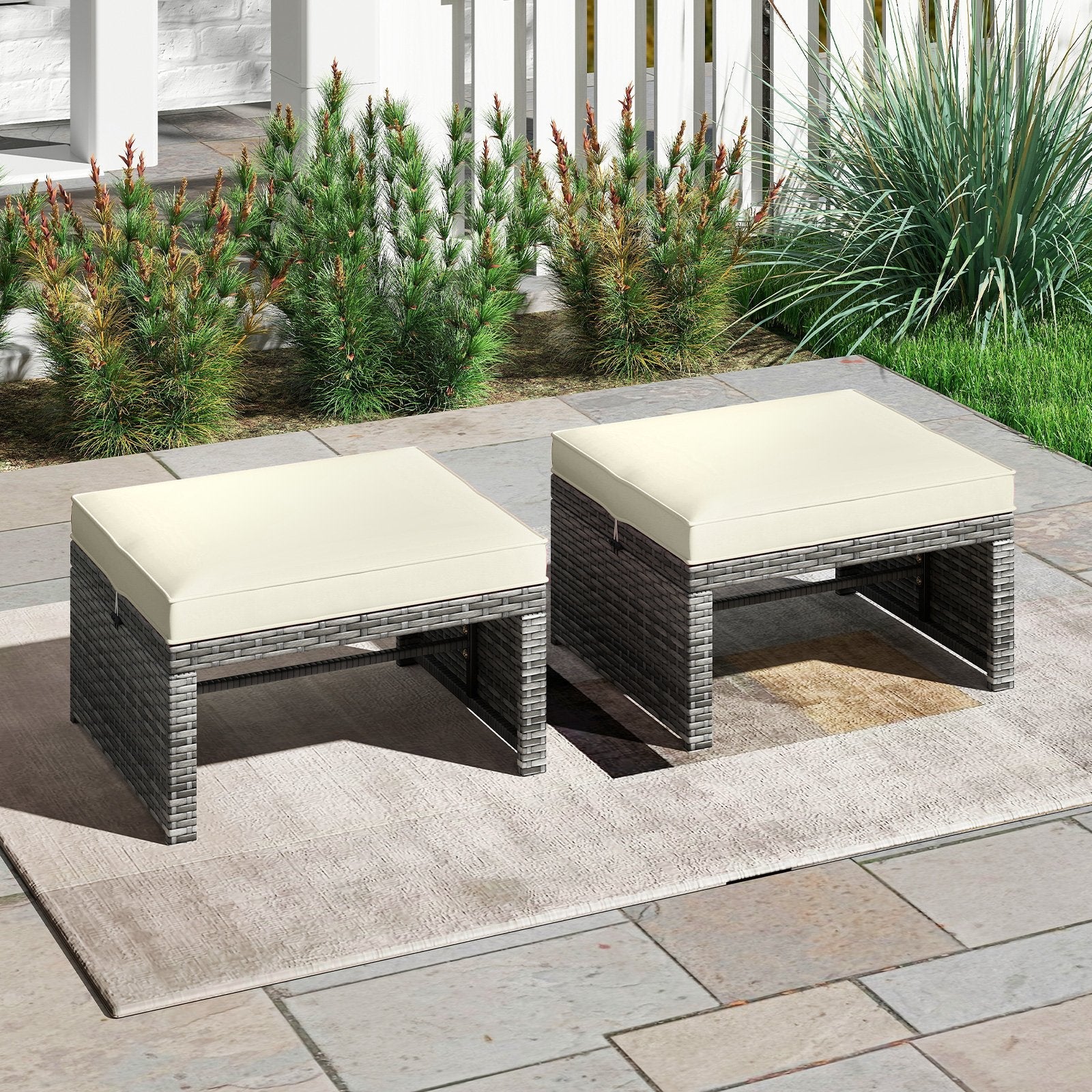 2 Pieces Patio PE Rattan Ottomans with Soft Zippered Cushions for Deck-Black