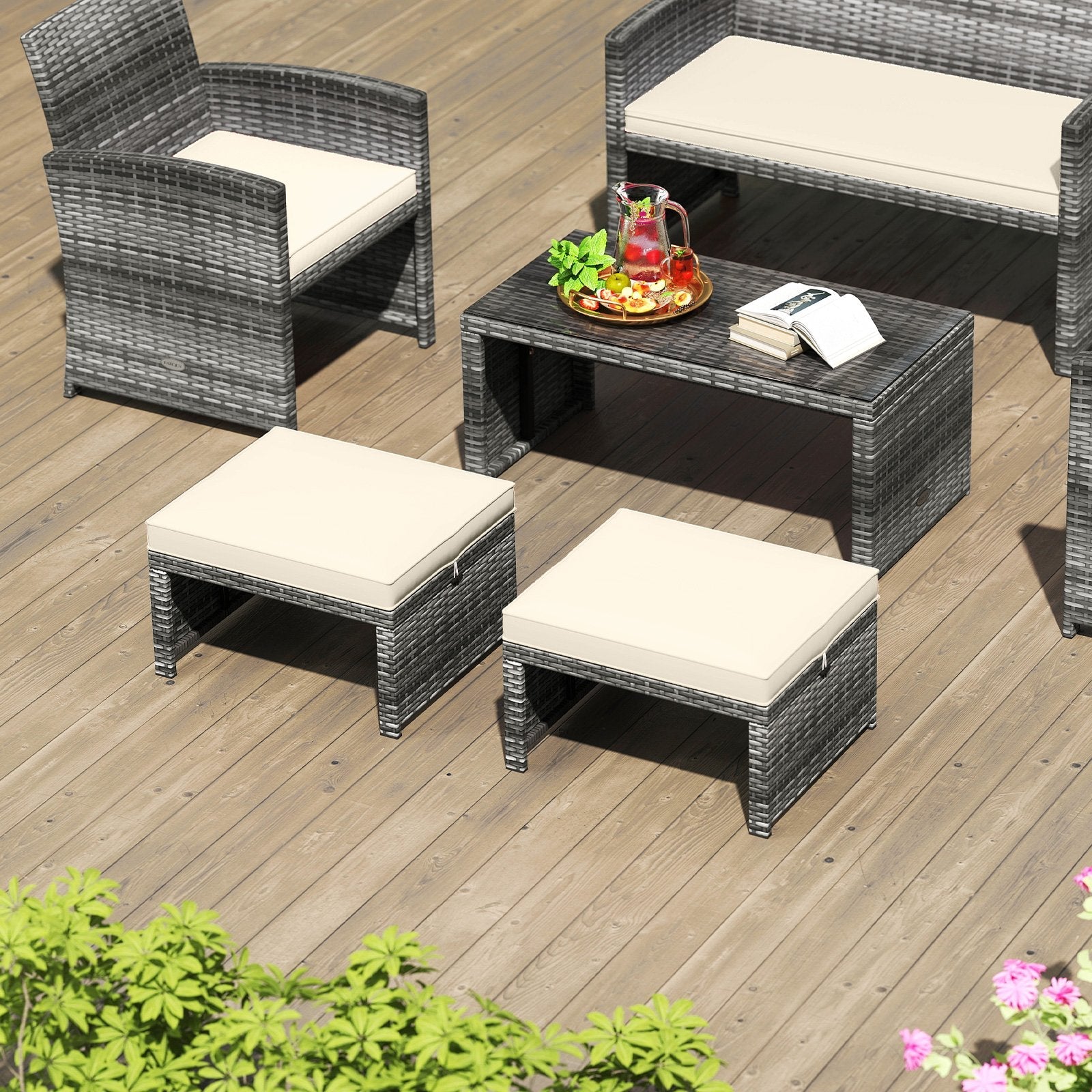 2 Pieces Patio PE Rattan Ottomans with Soft Zippered Cushions for Deck-Black
