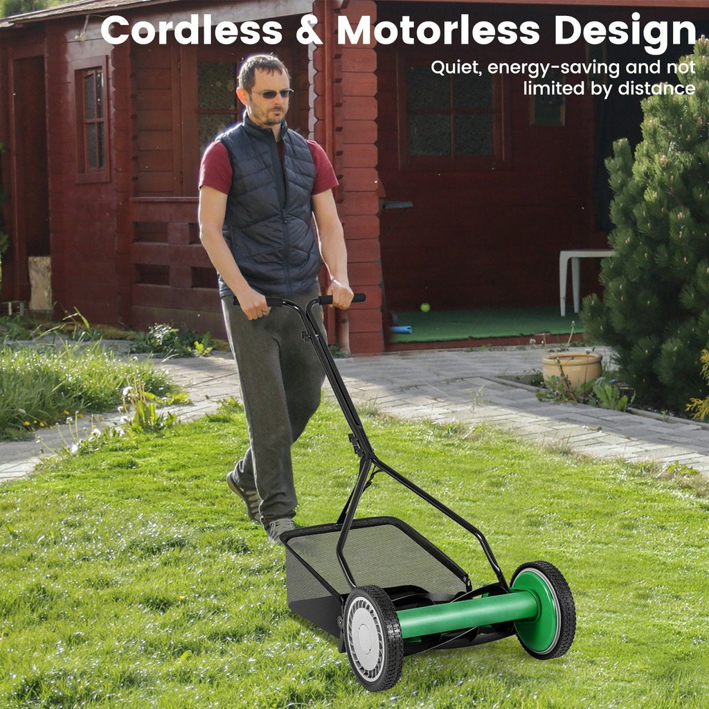 14 Inch Push Lawn Mower with 5 Steel Blades and Grass Catcher Bag-Green