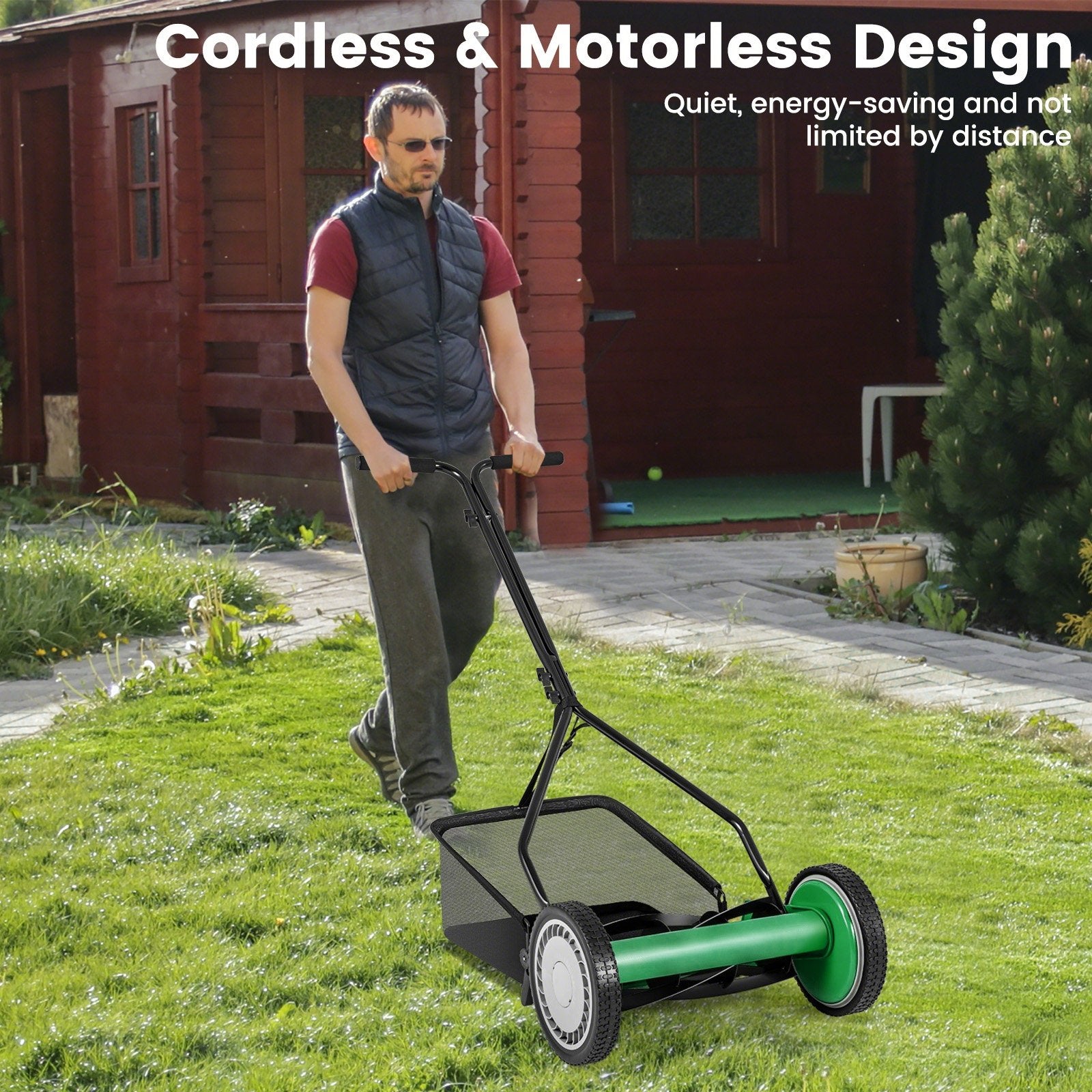 14 Inch Push Lawn Mower with 5 Steel Blades and Grass Catcher Bag-Green
