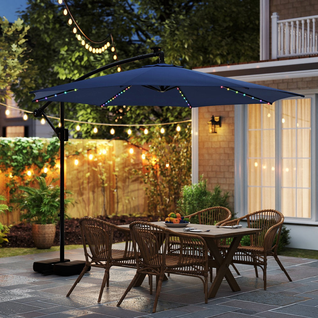 10 Feet Solar Offset Hanging Umbrella with Base and LED Lights-Beige