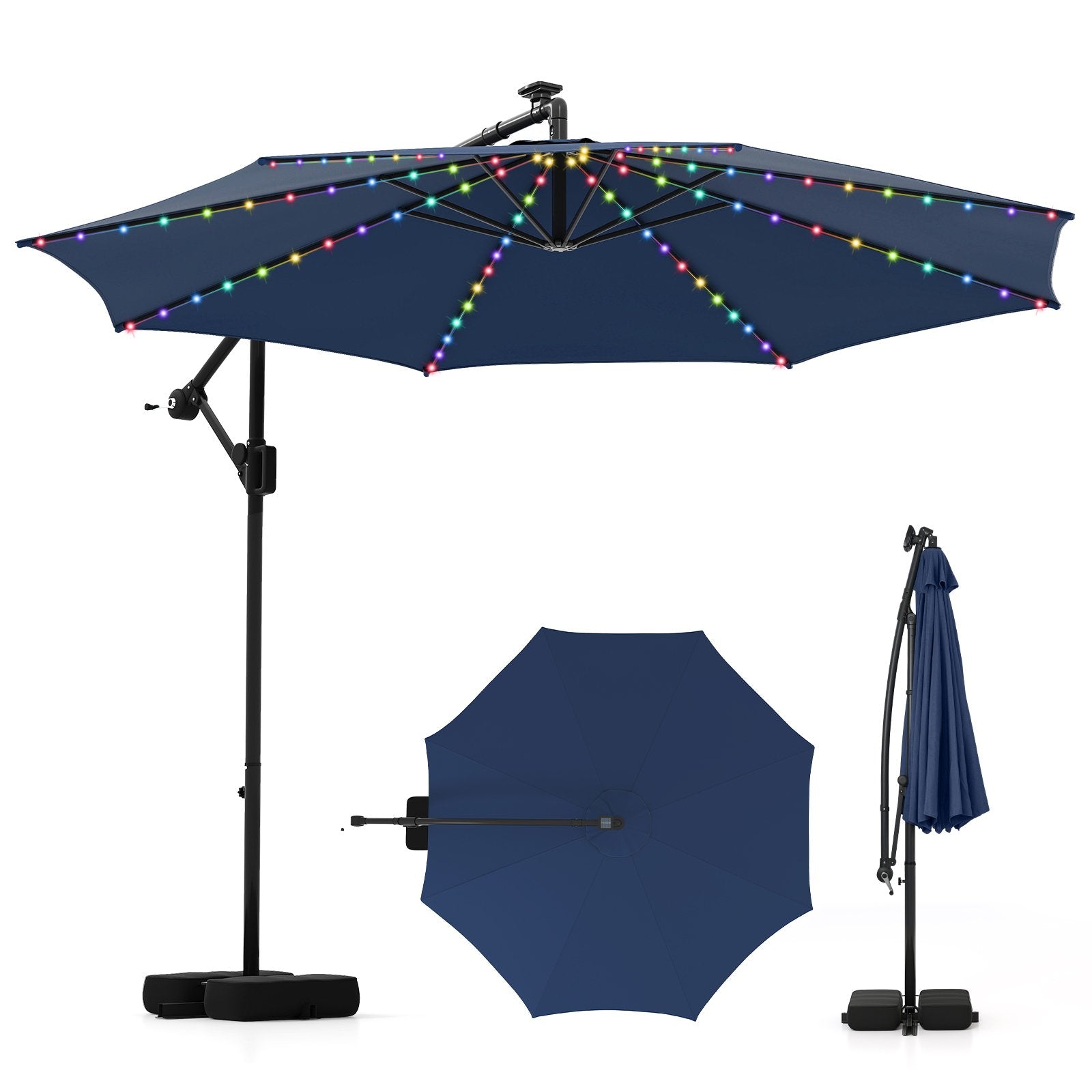 10 Feet Solar Offset Hanging Umbrella with Base and LED Lights-Beige