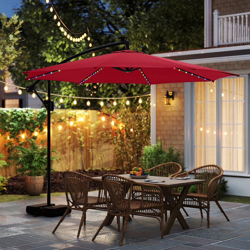 10 Feet Solar Offset Hanging Umbrella with Base and LED Lights-Beige