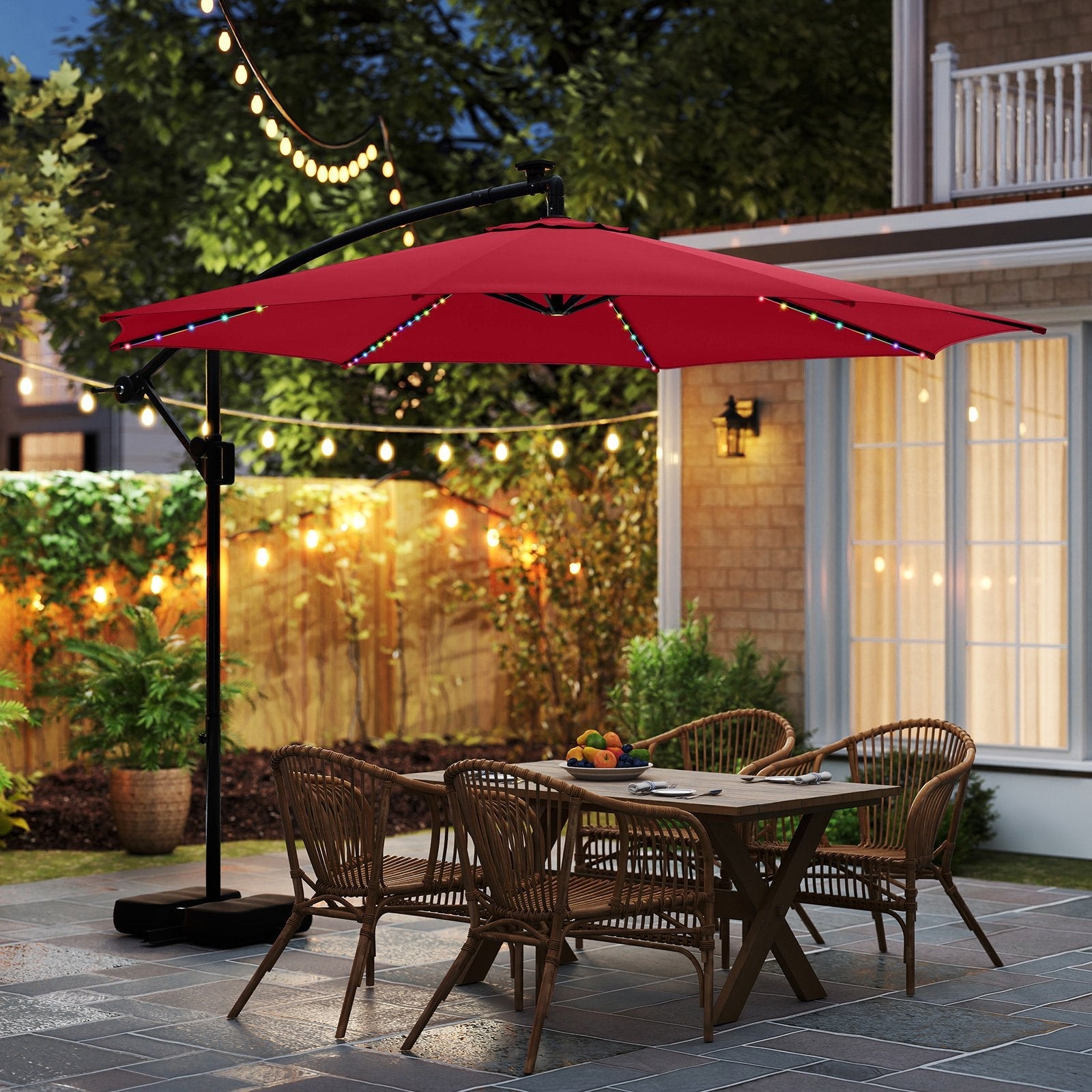 10 Feet Solar Offset Hanging Umbrella with Base and LED Lights-Beige