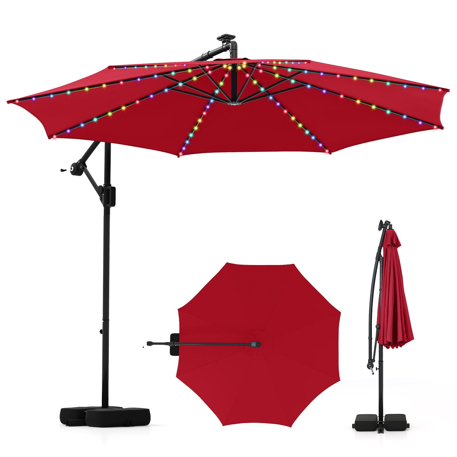 10 Feet Solar Offset Hanging Umbrella with Base and LED Lights-Beige