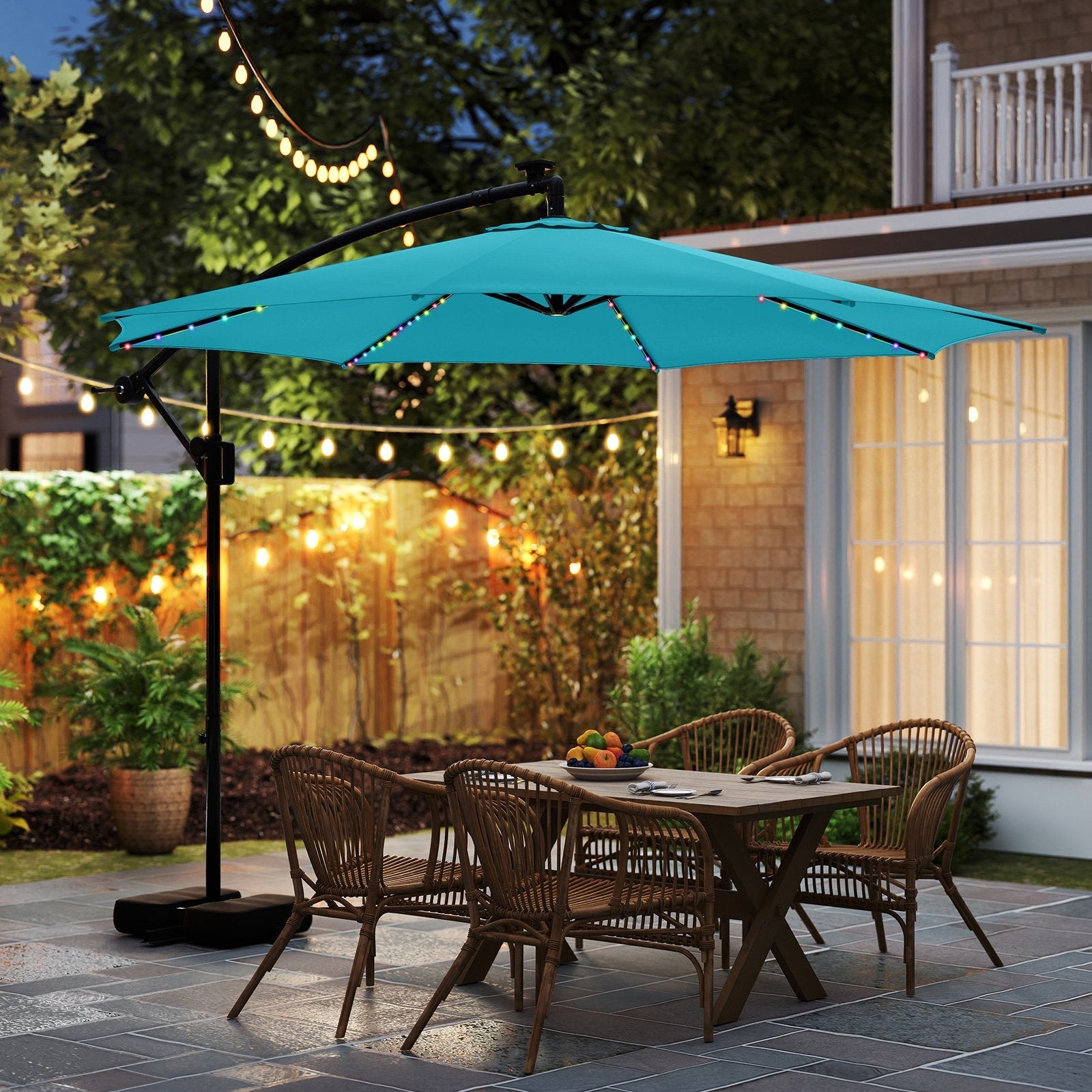 10 Feet Solar Offset Hanging Umbrella with Base and LED Lights-Beige