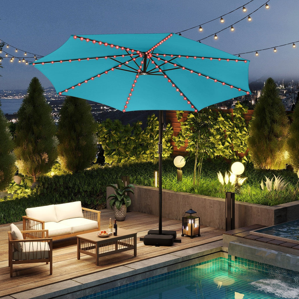 10 Feet Solar Offset Hanging Umbrella with Base and LED Lights-Beige