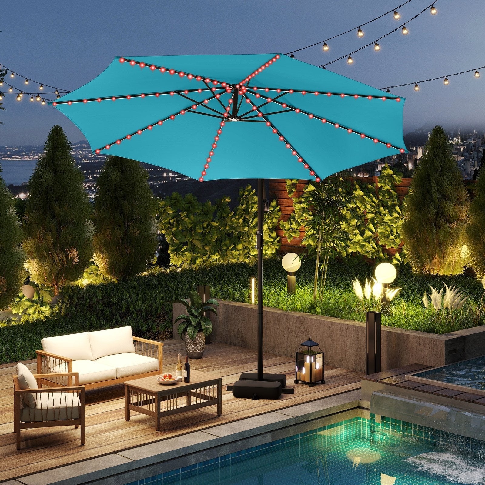10 Feet Solar Offset Hanging Umbrella with Base and LED Lights-Beige