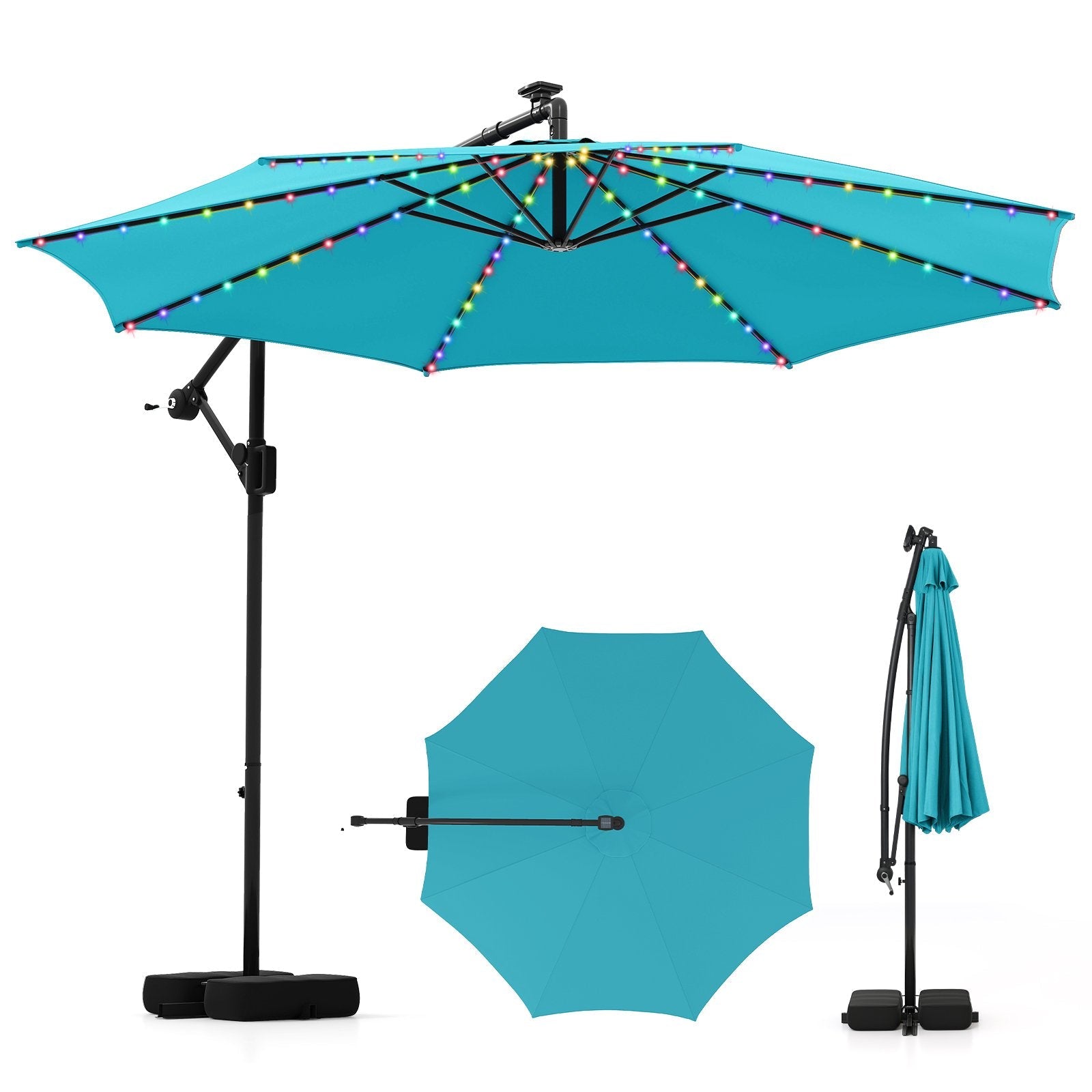 10 Feet Solar Offset Hanging Umbrella with Base and LED Lights-Beige