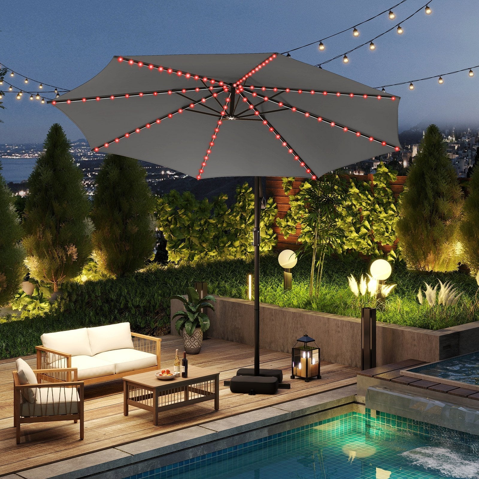 10 Feet Solar Offset Hanging Umbrella with Base and LED Lights-Beige