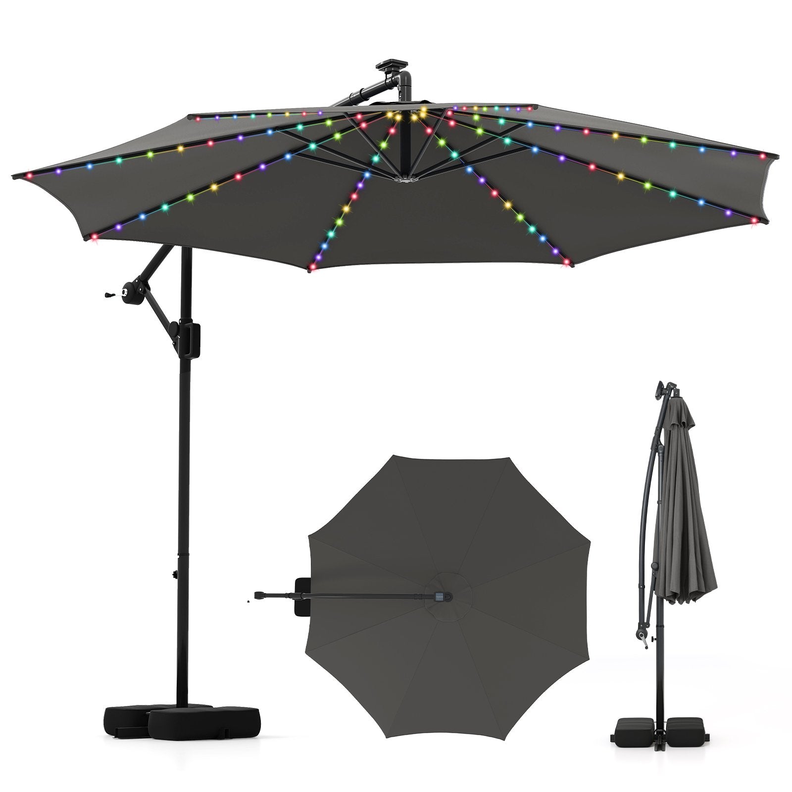 10 Feet Solar Offset Hanging Umbrella with Base and LED Lights-Beige