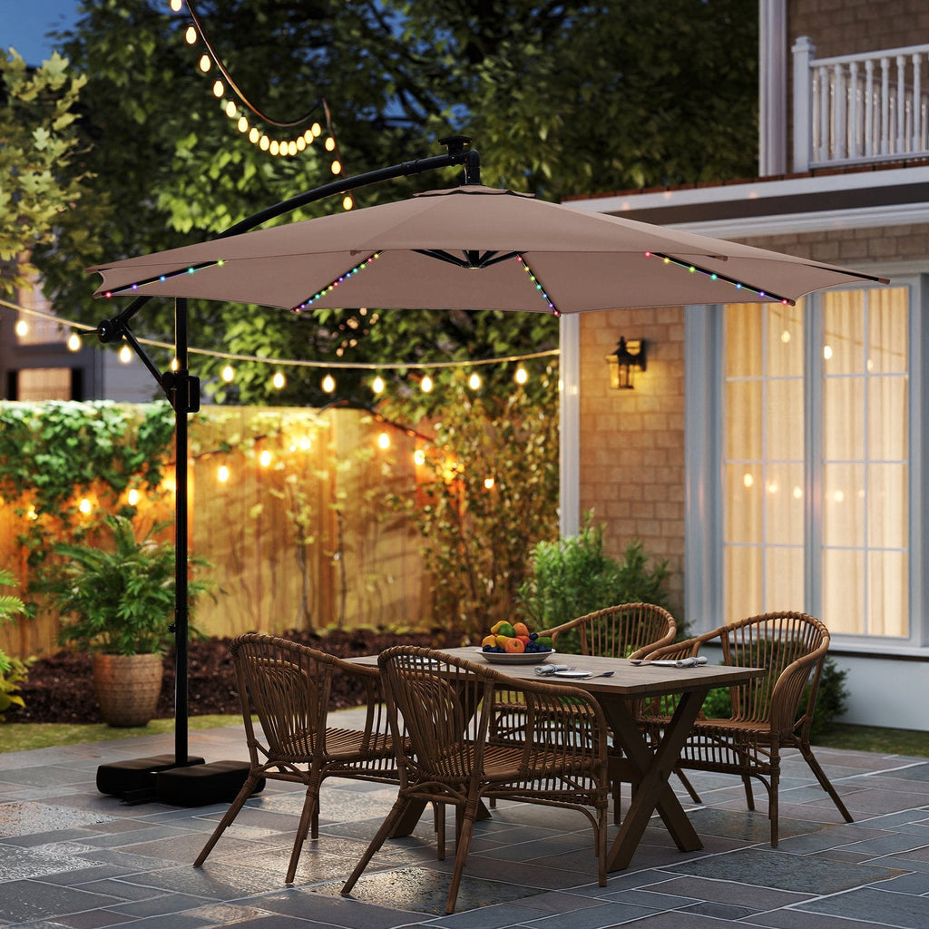 10 Feet Solar Offset Hanging Umbrella with Base and LED Lights-Beige