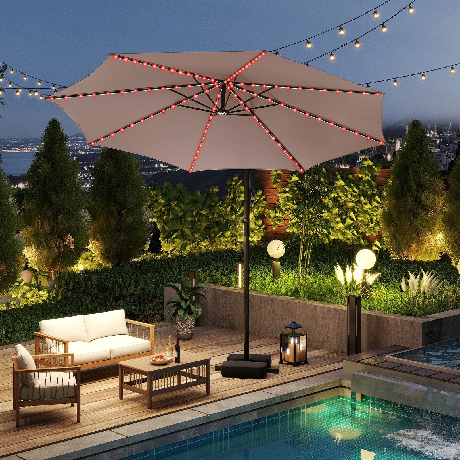 10 Feet Solar Offset Hanging Umbrella with Base and LED Lights-Beige