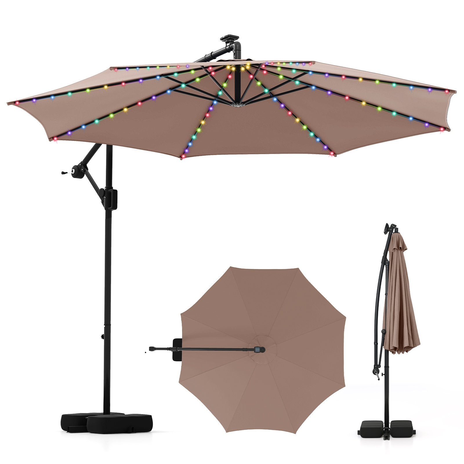 10 Feet Solar Offset Hanging Umbrella with Base and LED Lights-Beige