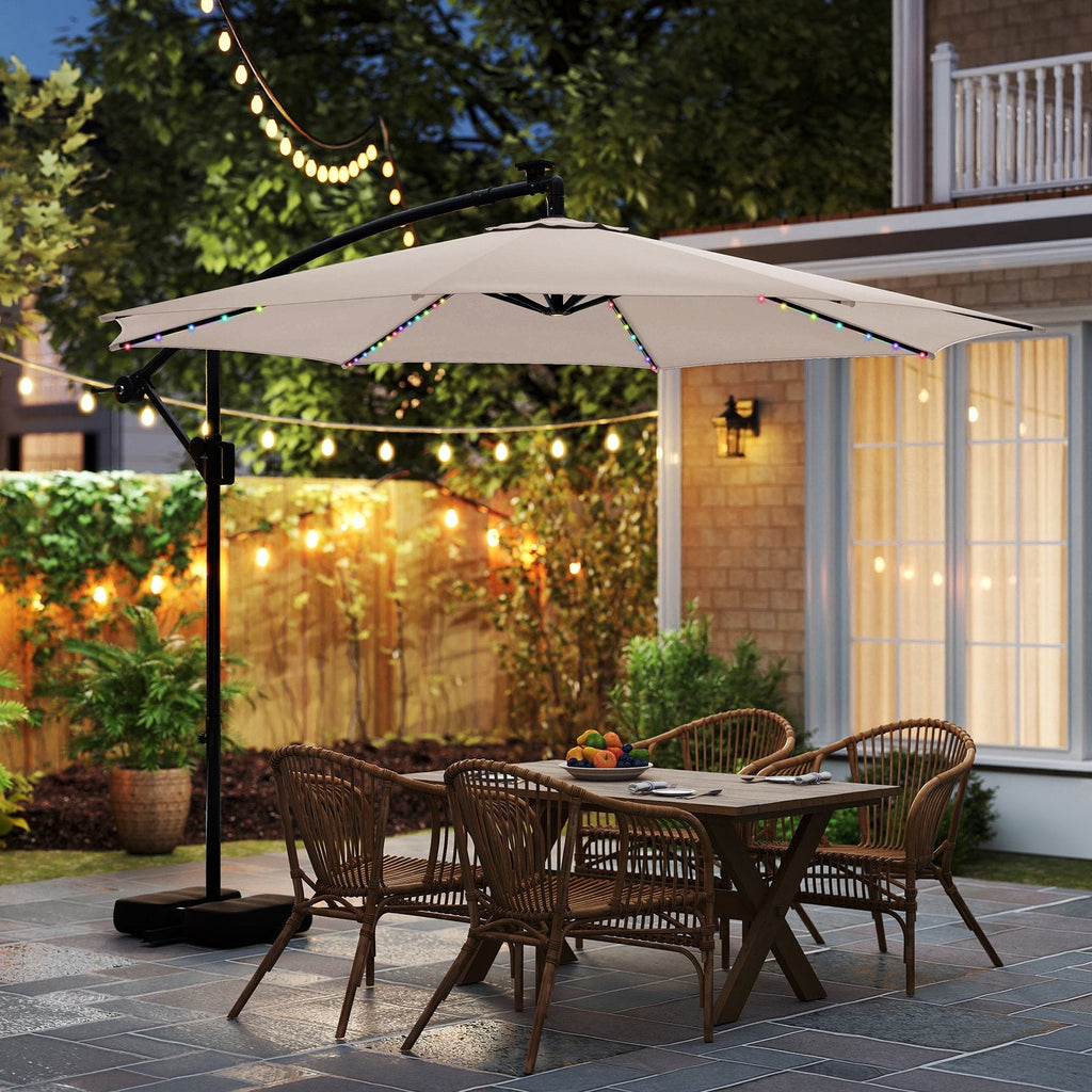 10 Feet Solar Offset Hanging Umbrella with Base and LED Lights-Beige